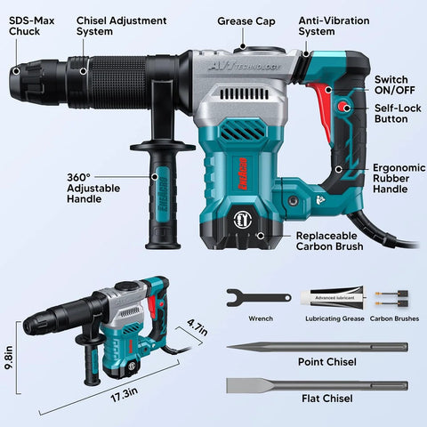 Lightweight SDS-Max demolition hammer for efficient concrete breaking with 11 Amp power, vibration control, and aluminum shell shown with components and features.