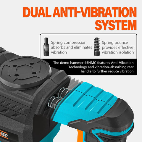 Powerful 1300W SDS Max Demolition Hammer Delivers Fast Concrete Breaking and Floor Tile Removal With 12 Pound Weight, 4100 BPM, and 15 Joules of Impact Energy, Ideal for Renovation, Construction, and Masonry Chipping With Carrying Case and Three Chisels with dual anti-vibration system