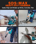 Heavy Duty SDS Max Rotary Hammer Drill with 13 Amp Motor used for drilling concrete and masonry, includes drill bits and chisels.