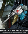 Powerful SDS-Max rotary hammer with 9 ft-lbs impact, 13A motor, three modes for concrete, shown in action on masonry work.