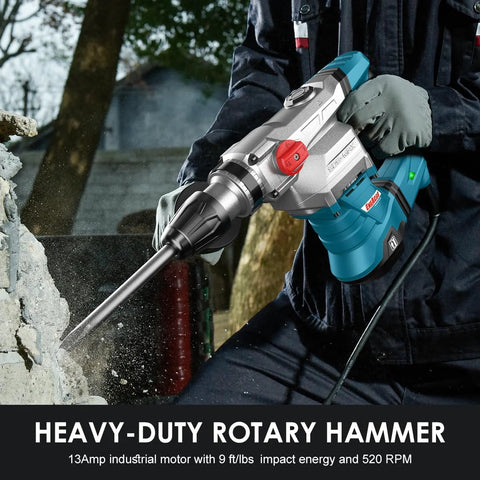 Powerful SDS-Max rotary hammer with 9 ft-lbs impact, 13A motor, three modes for concrete, shown in action on masonry work.