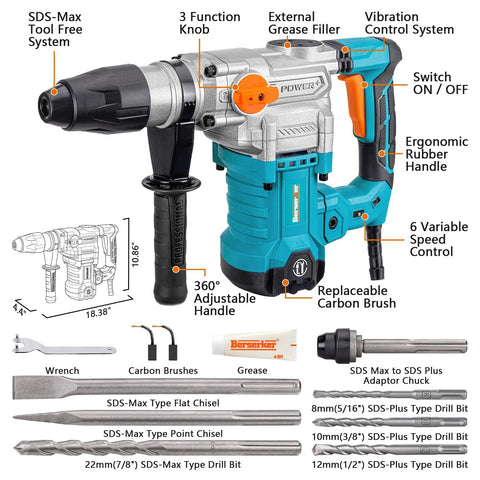 Heavy Duty SDS Max Rotary Hammer Drill With Vibration Control And Safety Clutch 13 Amp Motor for Concrete includes drill bits