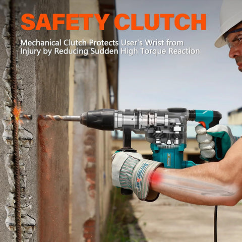 Worker using Heavy Duty SDS Max Rotary Hammer Drill With Vibration Control And Safety Clutch 13 Amp Motor For Concrete Brick And Masonry