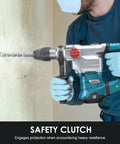 Person using Powerful SDS-Max rotary hammer with 9 ft-lbs impact, 13A motor, three modes for concrete work, close-up view