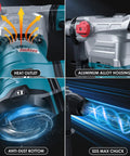 Close-up of Powerful SDS-Max rotary hammer with 9 ft-lbs impact, 13A motor showing heat outlet, aluminum housing, SDS-Max chuck.