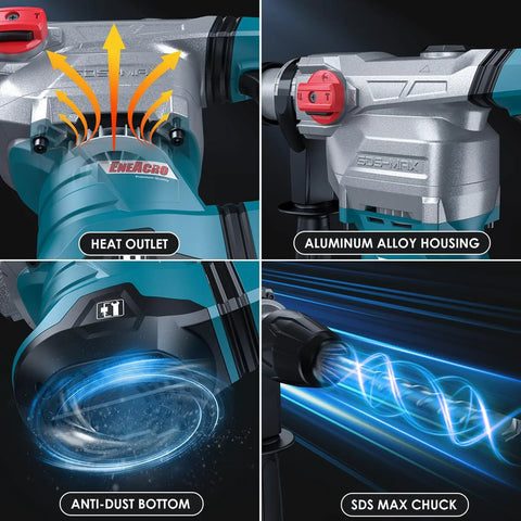 Close-up of Powerful SDS-Max rotary hammer with 9 ft-lbs impact, 13A motor showing heat outlet, aluminum housing, SDS-Max chuck.