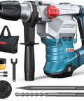 Powerful SDS-Max rotary hammer with 9 ft-lbs impact, 13A motor, and three modes, shown with chisel, drill bit, and tool bag.