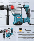 Powerful SDS-Max rotary hammer with 9 ft-lbs impact, 13A motor, three modes displayed with accessories and specifications