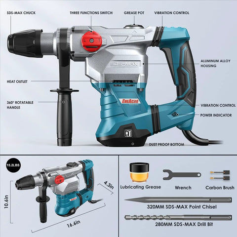 Powerful SDS-Max rotary hammer with 9 ft-lbs impact, 13A motor, three modes displayed with accessories and specifications