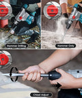 Powerful SDS-Max rotary hammer with 9 ft-lbs impact, 13A motor, and three modes, in use on concrete and masonry surfaces