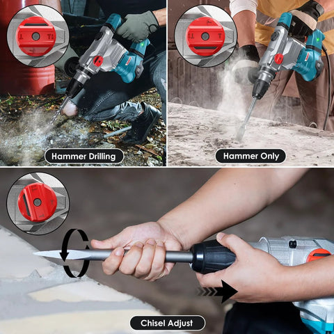 Powerful SDS-Max rotary hammer with 9 ft-lbs impact, 13A motor, and three modes, in use on concrete and masonry surfaces