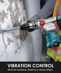 Powerful SDS-Max rotary hammer with 9 ft-lbs impact, 13A motor in use for concrete and brick work, shown in action on tile wall.