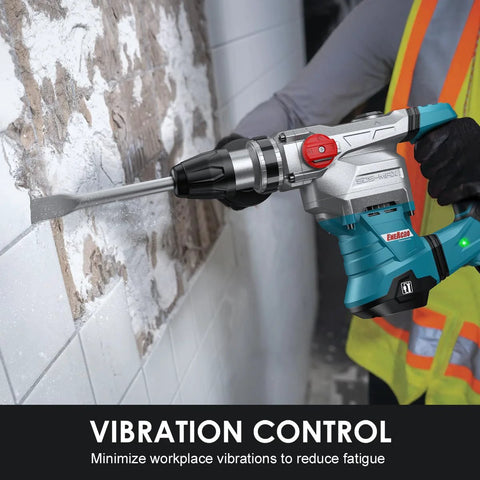 Powerful SDS-Max rotary hammer with 9 ft-lbs impact, 13A motor in use for concrete and brick work, shown in action on tile wall.