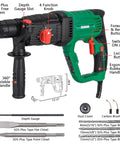 Powerful 1 inch SDS-Plus lightweight rotary hammer drill with a 9 Amp motor, 0-1100 RPM, 0-5300 BPM, 4 modes shown with accessories