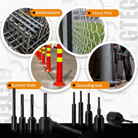 Heavy Duty 5/8 Inch Ground Rod Driver Bit with SDS Plus for various applications and BGTEC 40Cr steel build shown in usage scenarios.
