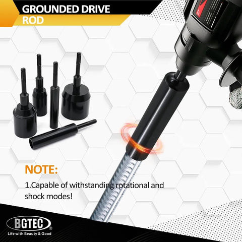 Heavy Duty 5/8 Inch Ground Rod Driver Bit For All SDS Plus Rotary Hammer Drills BGTEC 40Cr Steel Build, showing impact capability
