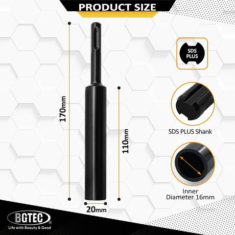 Heavy Duty 5/8 Inch Ground Rod Driver Bit For All SDS Plus Rotary Hammer Drills BGTEC, showing size details and steel build.