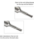 Close-up of Beefy Ground Rod Driver with one-piece hardened steel body showing SDS-Plus shank for Bosch Dewalt Milwaukee drills