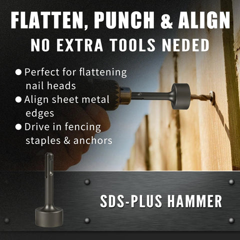 SDS Plus Ground Rod Driver Hammer Drill Attachment in use on wooden fence with text overlay of features