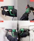 Powerful 1 inch SDS-Plus lightweight rotary hammer drill with a 9 Amp motor, 0-1100 RPM, 0-5300 BPM, and 4 modes in use.