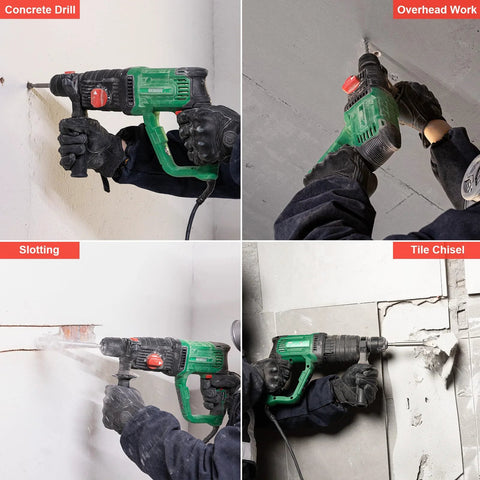 Powerful 1 inch SDS-Plus lightweight rotary hammer drill with a 9 Amp motor, 0-1100 RPM, 0-5300 BPM, and 4 modes in use.