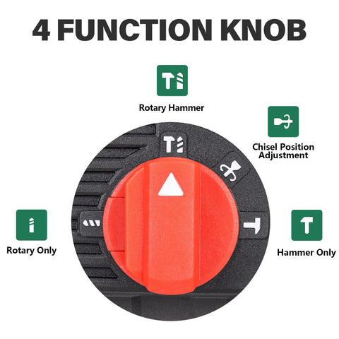 4 function knob for powerful 1 inch SDS-Plus lightweight rotary hammer drill with a 9 Amp motor, 4 modes visible