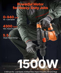 Worker operating powerful 1-1/4 inch SDS-Plus rotary hammer with 13A motor and 5.5J impact for heavy-duty jobs