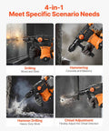Powerful 1-1/4 inch SDS-Plus rotary hammer with 13A motor and 5.5J impact in various modes, showcasing drilling and chiseling