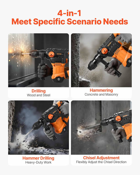 Powerful 1-1/4 inch SDS-Plus rotary hammer with 13A motor and 5.5J impact in various modes, showcasing drilling and chiseling