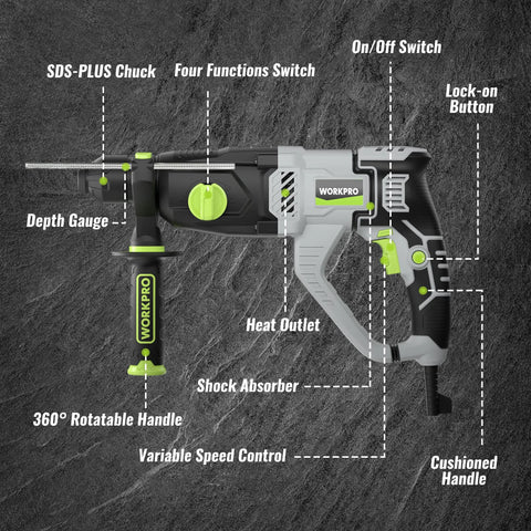 Side view of lightweight 1-1/4 inch SDS Plus rotary hammer with labeled parts, 7.5A corded motor, and 5 SDS Plus bits.