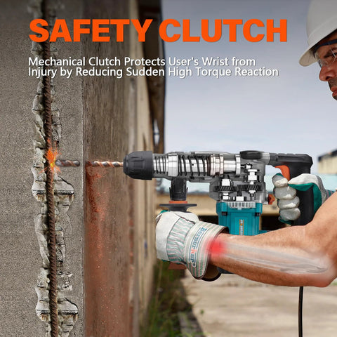 Powerful 9 Amp SDS-Plus rotary hammer delivers fast 1-1/8 in concrete drilling with three modes and safety clutch in use.