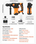 Powerful 1-1/4 inch SDS-Plus rotary hammer with 13A motor and 5.5J impact, accessories included, shown with detailed specifications.