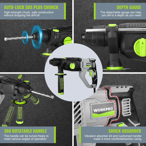 Lightweight 1-1/4 Inch SDS Plus Rotary Hammer Delivers Powerful Concrete Drilling, Chiseling, And Light Demolition With A 7.5A Corded Motor