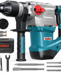 Heavy Duty SDS Plus Rotary Hammer Drill 13 Amp With Four Function Modes, case, chisel set, and drill bit kit displayed on white background