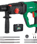 Powerful 1 inch SDS-Plus lightweight rotary hammer drill with a 9 Amp motor, 0-1100 RPM, 0-5300 BPM, and 4 modes, includes bits, chisels, and carrying case.