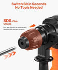 Close-up of Power SDS-Plus rotary hammer showing quick-change chuck for versatile drilling and hammering