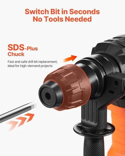 Close-up of Power SDS-Plus rotary hammer showing quick-change chuck for versatile drilling and hammering