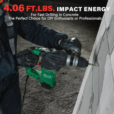 Person using a powerful corded SDS Plus rotary hammer with 12.5 Amp motor on concrete wall, ideal for DIY and professional projects.