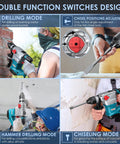 Heavy Duty SDS Plus Rotary Hammer Drill 13 Amp With Four Function Modes shown in use with vibration control in various settings.