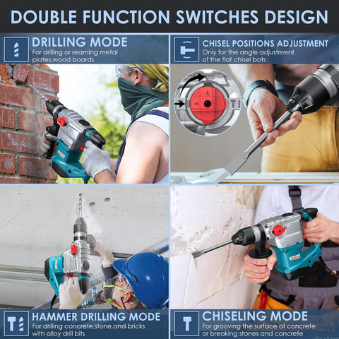Heavy Duty SDS Plus Rotary Hammer Drill 13 Amp With Four Function Modes shown in use with vibration control in various settings.