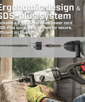 800W SDS Plus Rotary Hammer Drill in use on concrete wall, highlighted ergonomic design and SDS-Plus quick-lock system.