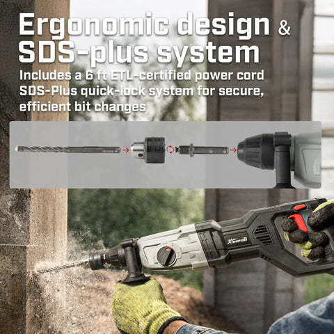 800W SDS Plus Rotary Hammer Drill in use on concrete wall, highlighted ergonomic design and SDS-Plus quick-lock system.
