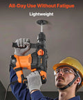 Worker using Powerful 1-1/4 inch SDS-Plus rotary hammer with 13A motor and 5.5J impact for drilling on ceiling