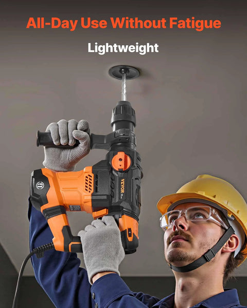 Worker using Powerful 1-1/4 inch SDS-Plus rotary hammer with 13A motor and 5.5J impact for drilling on ceiling