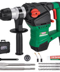 Powerful corded SDS Plus rotary hammer delivers efficient concrete drilling and chiseling with a 12.5 Amp motor shown with accessories.