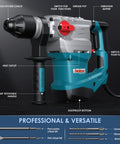Heavy Duty SDS Plus Rotary Hammer Drill 13 Amp With Four Function Modes, shown with chisel set and drill bit kit