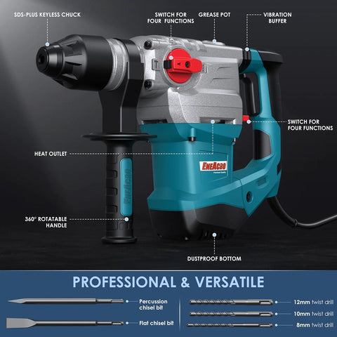Heavy Duty SDS Plus Rotary Hammer Drill 13 Amp With Four Function Modes, shown with chisel set and drill bit kit