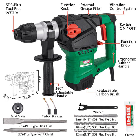 Powerful corded SDS Plus rotary hammer with 12.5 Amp motor, adjustable handle, and accessories for drilling and chiseling in DIY projects.
