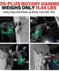 Powerful corded SDS Plus rotary hammer delivers efficient concrete drilling and chiseling with a 12.5 Amp motor, shown in use.