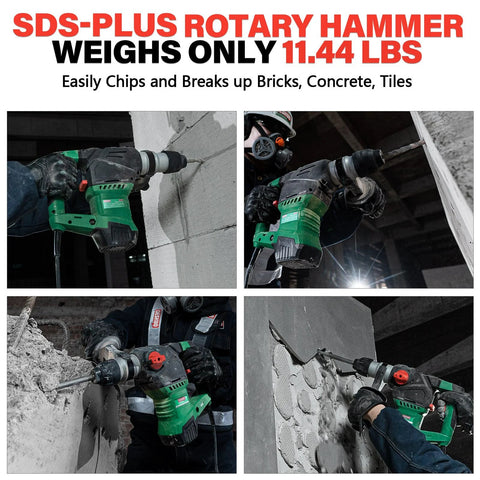 Powerful corded SDS Plus rotary hammer delivers efficient concrete drilling and chiseling with a 12.5 Amp motor, shown in use.